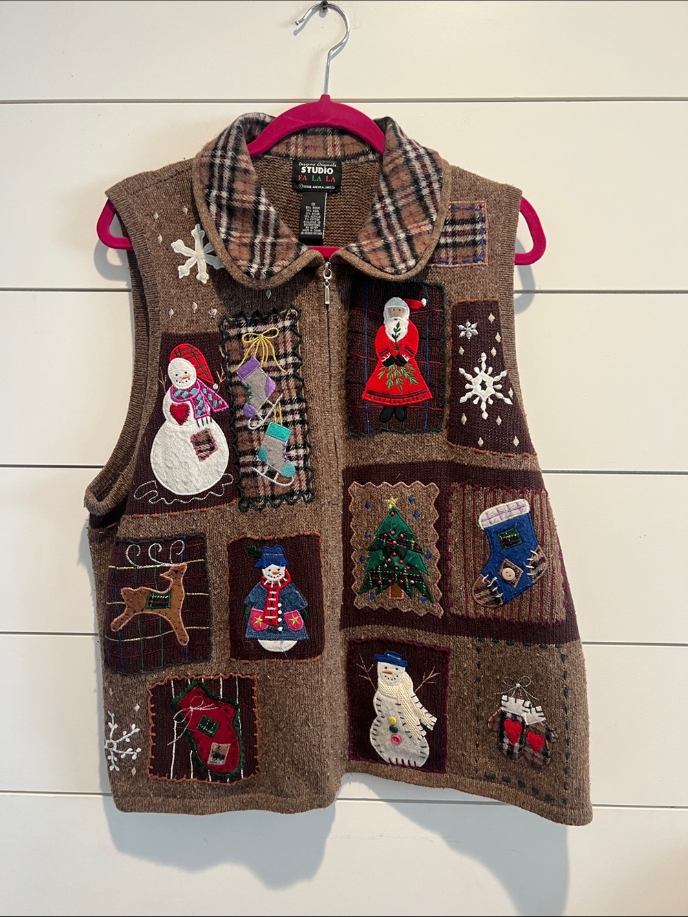 Studio Fa LA LA Womans Brown Christmas Holiday Patchwork “ugly” Vest winner